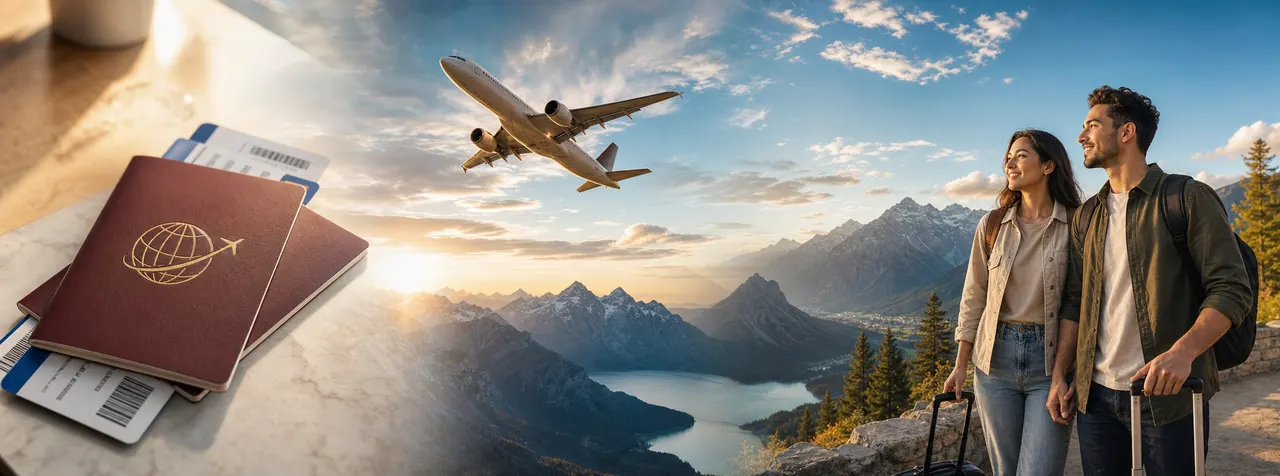 Passports, an airplane, the Canadian Rockies, and travellers preparing for a trip to Canada